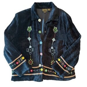 Vintage Y2K Boho Colorful Beaded Black Chenille Jacket Julia Kin Art to Wear L